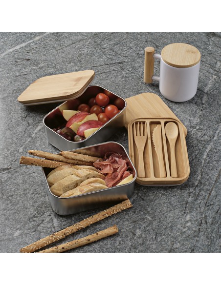 Box pranzo Vermeer 1480ml rSS con coperchio in bamboo e posate