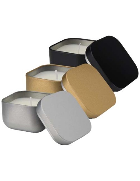 Candela in scatola di latta quadrata all'aroma di vaniglia Tindra