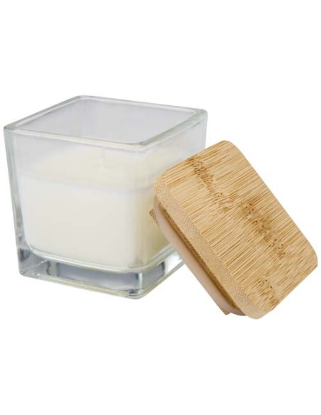 Candela quadrata in vetro con coperchio in bambù Ambra