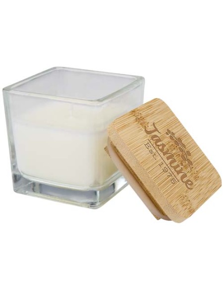 Candela quadrata in vetro con coperchio in bambù Ambra