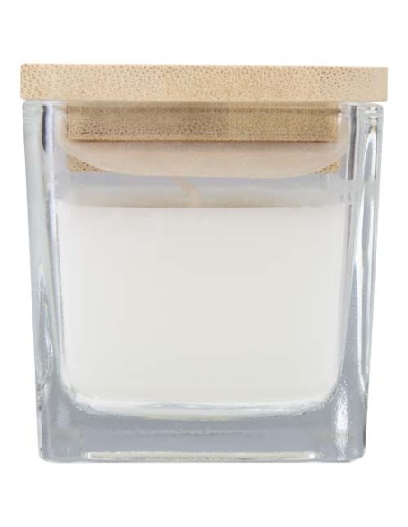 Candela quadrata in vetro con coperchio in bambù Ambra