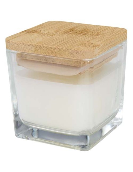 Candela quadrata in vetro con coperchio in bambù Ambra