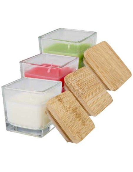 Candela quadrata in vetro con coperchio in bambù Ambra