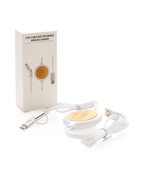 Cavo 3 in 1 con caricatore wireless in bambù da 5W