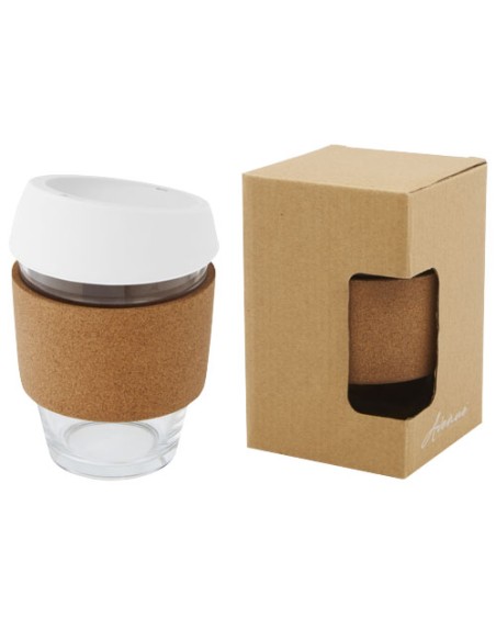 Bicchiere da 360 ml in vetro borosilicato con impugnatura in sughero e coperchio in silicone Lidan