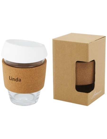 Bicchiere da 360 ml in vetro borosilicato con impugnatura in sughero e coperchio in silicone Lidan