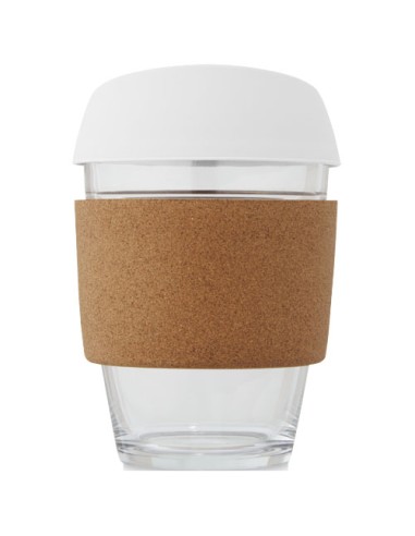 Bicchiere da 360 ml in vetro borosilicato con impugnatura in sughero e coperchio in silicone Lidan