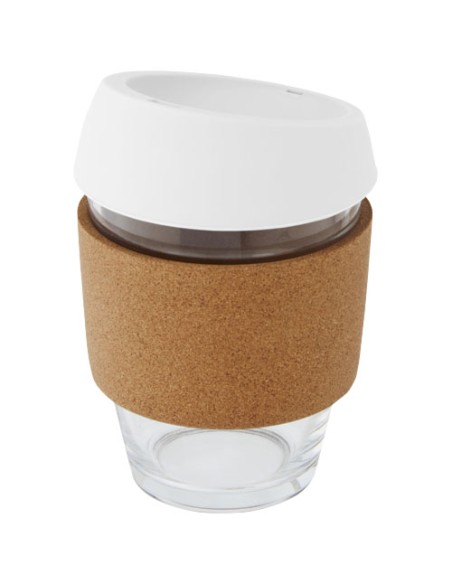 Bicchiere da 360 ml in vetro borosilicato con impugnatura in sughero e coperchio in silicone Lidan