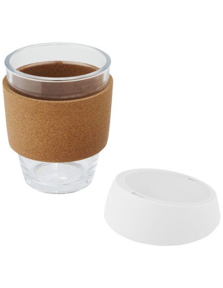 Bicchiere da 360 ml in vetro borosilicato con impugnatura in sughero e coperchio in silicone Lidan