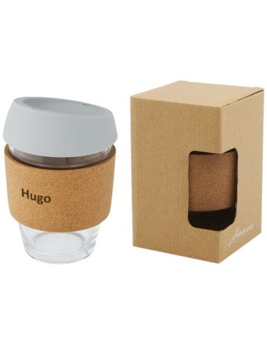 Bicchiere da 360 ml in vetro borosilicato con impugnatura in sughero e coperchio in silicone Lidan