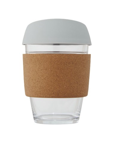 Bicchiere da 360 ml in vetro borosilicato con impugnatura in sughero e coperchio in silicone Lidan