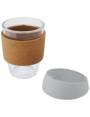 Bicchiere da 360 ml in vetro borosilicato con impugnatura in sughero e coperchio in silicone Lidan