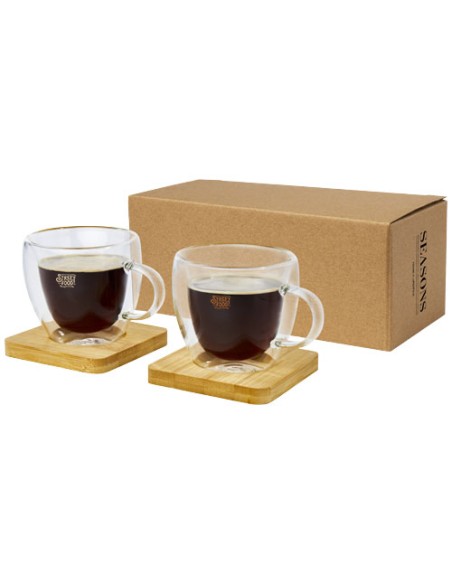 Set di 2 tazze in vetro a doppia parete da 100 ml con sottobicchiere in bambù Manti 