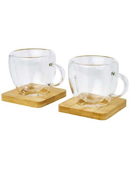 Set di 2 tazze in vetro a doppia parete da 100 ml con sottobicchiere in bambù Manti 