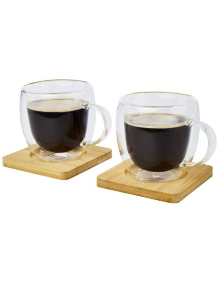 Set di 2 tazze in vetro a doppia parete da 250 ml con sottobicchiere in bambù Manti 
