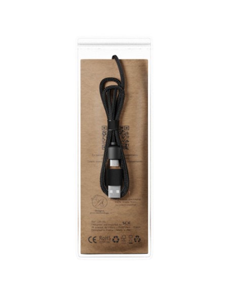 Cavo di ricarica 5 in 1 da 40 W in rPET riciclato con logo luminoso e custodia quadrata in legno SCX.design C38