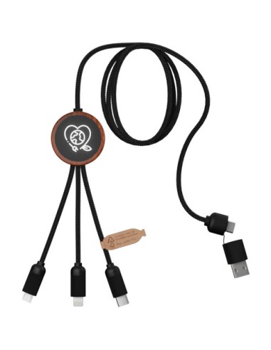 Cavo di ricarica da 40 W 5 in 1 in rPET riciclato con logo luminoso e custodia rotonda in legno SCX.design C37
