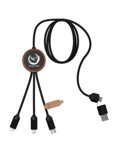 Cavo di ricarica da 40 W 5 in 1 in rPET riciclato con logo luminoso e custodia rotonda in legno SCX.design C37