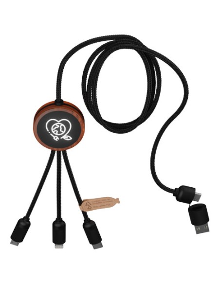 Cavo di ricarica da 40 W 5 in 1 in rPET riciclato con logo luminoso e custodia rotonda in legno SCX.design C37 Cavo di ricarica da 40 W 5 in 1 in rPET riciclato con logo luminoso e custodia rotonda in legno SCX.design C37