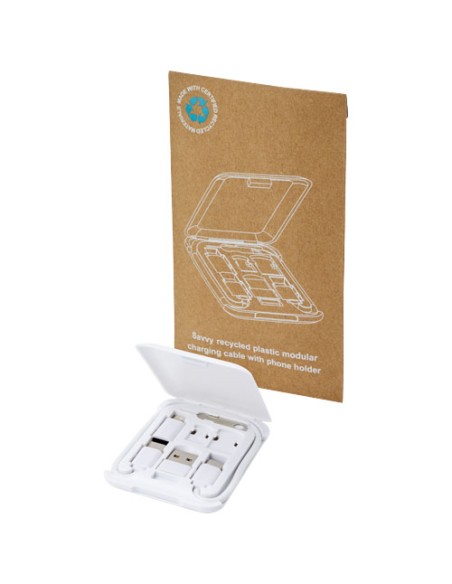 Cavo di ricarica modulare in plastica riciclata con supporto per telefono Savvy Cavo di ricarica modulare in plastica riciclata con supporto per telefono Savvy