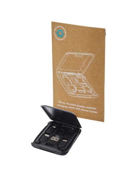 Cavo di ricarica modulare in plastica riciclata con supporto per telefono Savvy Cavo di ricarica modulare in plastica riciclata con supporto per telefono Savvy