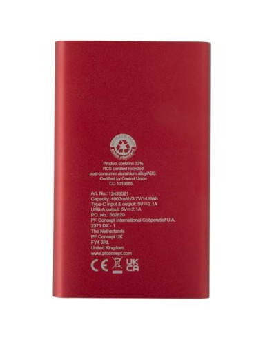 Power bank in alluminio riciclato da 4000 mAh tipo C Pep 