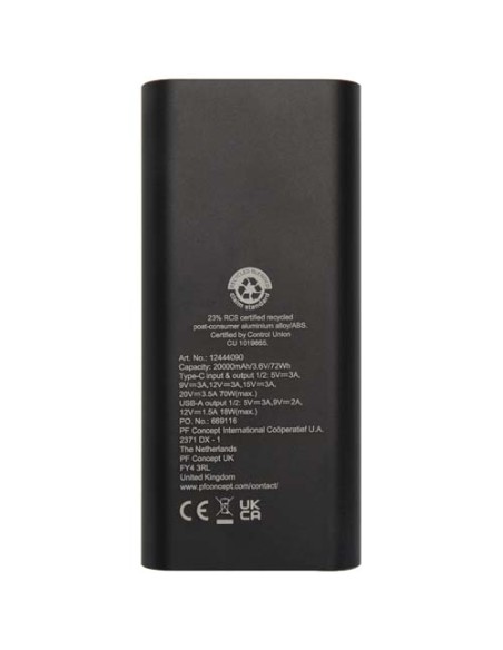 Power bank in alluminio riciclato certificato RCS da 20.000 mAh e 70 W Acamar