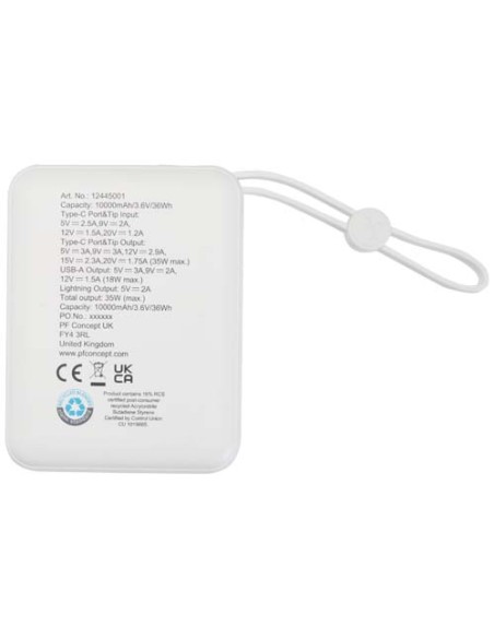 Power bank per tablet da 10.000 mAh e 35 W con cavo Tipo-C integrato in plastica riciclata Acrux