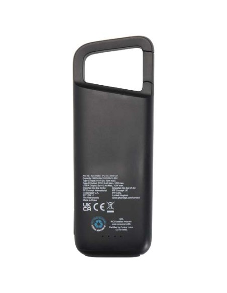 Power bank impermeabile in plastica riciclata da 5.000 mAh e 12 W con moschettone Alkes