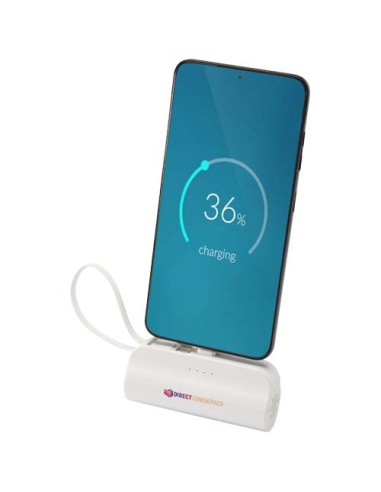 Power bank Tipo-C da 5.000 mAh e 10 W in plastica riciclata con supporto ribaltabile integrato e cavo 2 in 1 Alnair