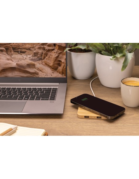 Caricatore wireless 10W con porte USB in bambù