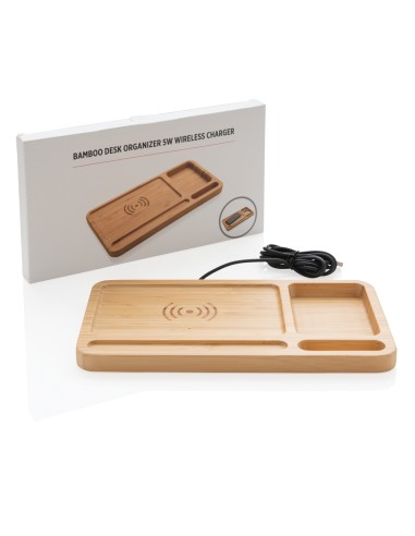 Organizer da scrivania in bambù con caricatore wireless 5W
