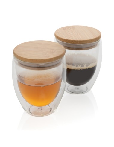 Set 2 bicchieri in vetro borosilicato con tappo in bambù