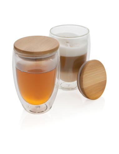 Set 2 bicchieri in vetro borosilicato con tappo in bambù