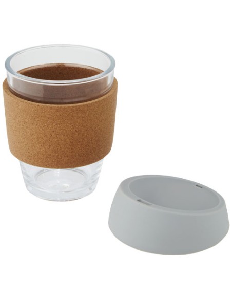 Bicchiere da 360 ml in vetro borosilicato con impugnatura in sughero e coperchio in silicone Lidan