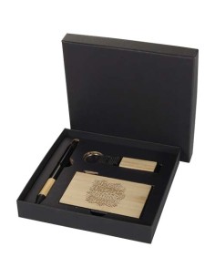 Set regalo con penna a sfera, portachiavi e portacarte RFID in alluminio riciclato certificato RCS Minka