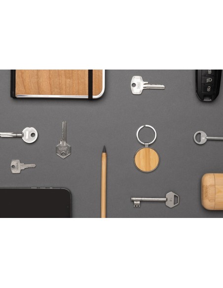 Portachiavi rotondo in lega di zinco RCS e bambù