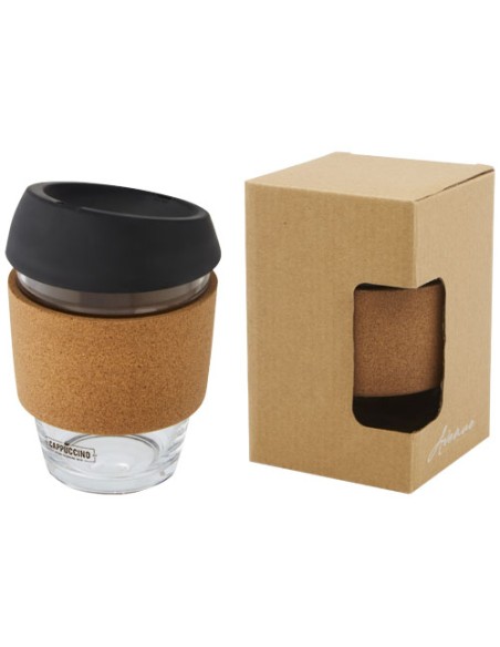 Bicchiere da 360 ml in vetro borosilicato con impugnatura in sughero e coperchio in silicone Lidan