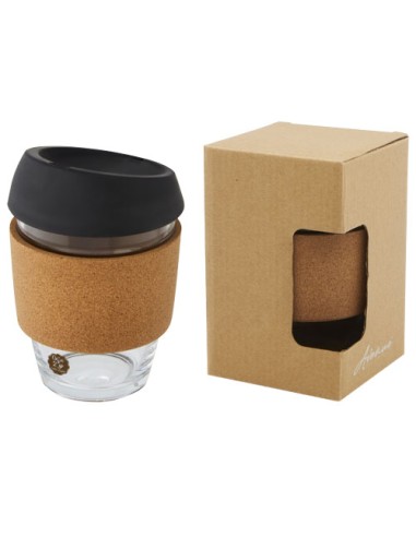 Bicchiere da 360 ml in vetro borosilicato con impugnatura in sughero e coperchio in silicone Lidan