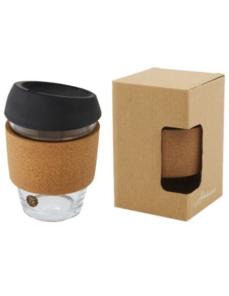 Bicchiere da 360 ml in vetro borosilicato con impugnatura in sughero e coperchio in silicone Lidan