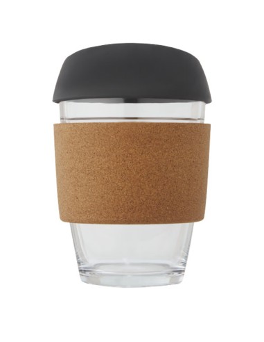 Bicchiere da 360 ml in vetro borosilicato con impugnatura in sughero e coperchio in silicone Lidan