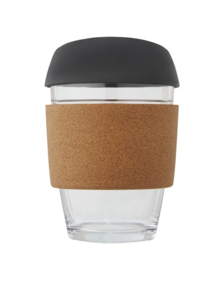 Bicchiere da 360 ml in vetro borosilicato con impugnatura in sughero e coperchio in silicone Lidan