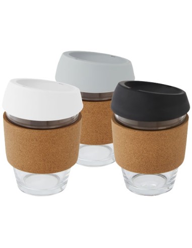 Bicchiere da 360 ml in vetro borosilicato con impugnatura in sughero e coperchio in silicone Lidan