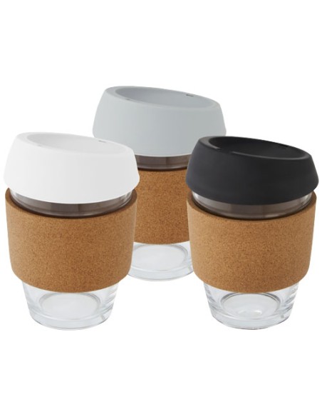 Bicchiere da 360 ml in vetro borosilicato con impugnatura in sughero e coperchio in silicone Lidan