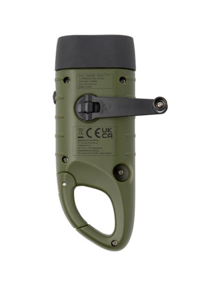 Torcia a dinamo solare con moschettone in plastica riciclata Helios