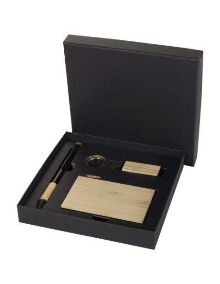 Set regalo con penna a sfera, portachiavi e portacarte RFID in alluminio riciclato certificato RCS Minka