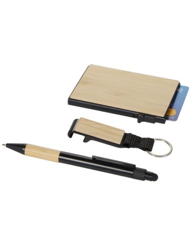 Set regalo con penna a sfera, portachiavi e portacarte RFID in alluminio riciclato certificato RCS Minka