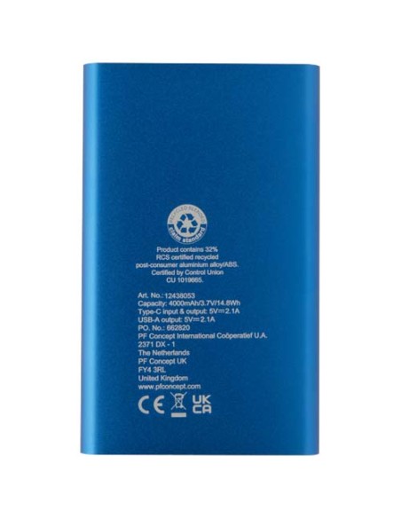 Power bank in alluminio riciclato da 4000 mAh tipo C Pep 