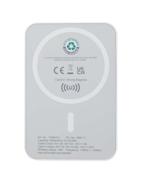 Power bank magnetico wireless da 5.000 mAh e 15 W con 20 W PD in plastica riciclata Acrab