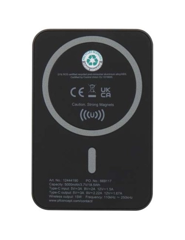 Power bank magnetico wireless da 5.000 mAh e 15 W con 20 W PD in plastica riciclata Acrab